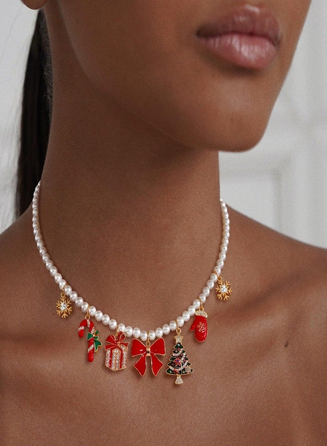 HolidayQbee Christmas Bow Charm Necklace for Women Dainty Christmas Tree Necklace Minimalist Handmade Pearl Necklace for Holiday Jewlery Gift - Image 4